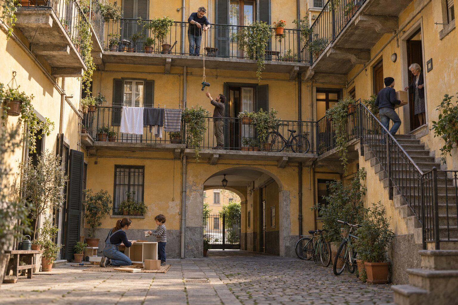 Il cortile di una casa di ringhiera milanese: vicini che si danno una mano