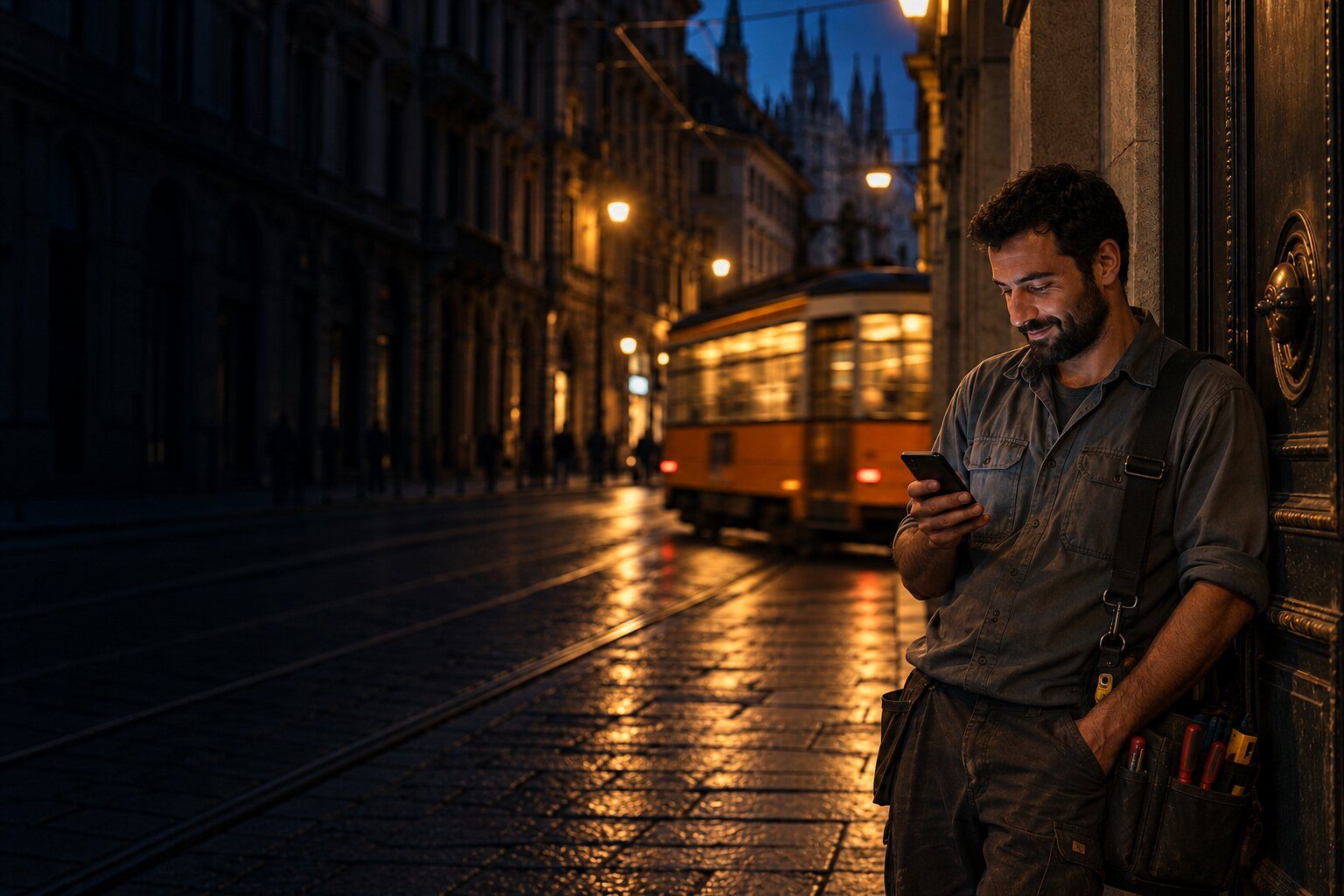 Un artigiano guarda il telefono in una via del centro di notte, con il tram che passa