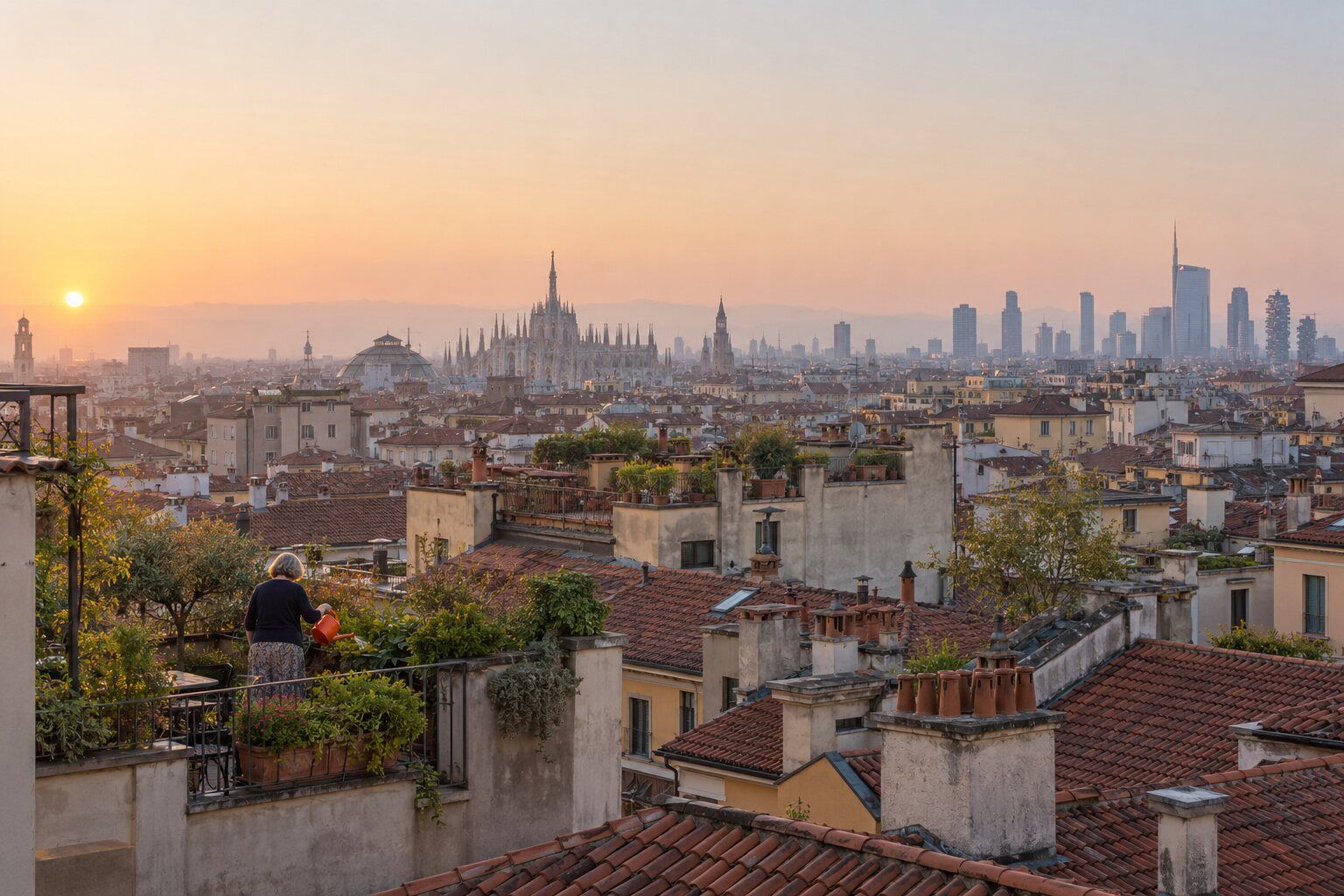 I tetti di Milano all'alba, con le guglie del Duomo
